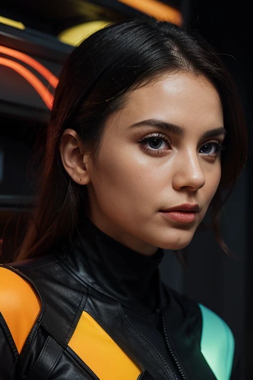 graceful orange a brazilian woman futuristic cyberpunk humanoid machine, symmetry _ _ 4, hyperrealistic high detail 7 0 mm, 4 k
