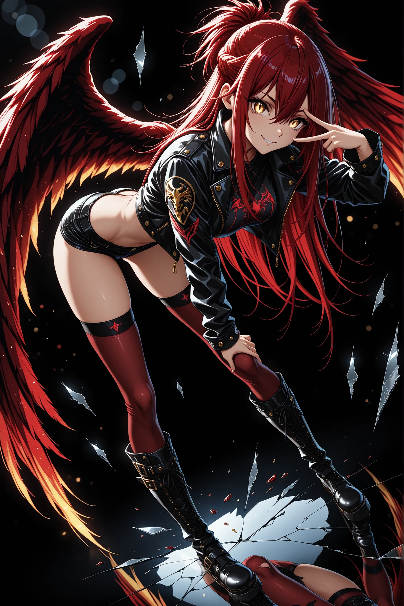 1 girl , golden eyes , very long hair , long sidelocks, red hair ,half updo, petite , very cute , beautiful ,Straight hair, cool, handsome, hair between eyes, sexy, medium breasts , Dark angel, black and red angel wings, bent forward, v , v over eye, one hand on thigh, crop top, punk jacket, open jacket, micro shorts, knee high boots, stockings, cheeky smile, broken glass,dynamic shot, dynamic view, (dynamic angle), (dynamic pose), (glass shards, reflection, broken glass), bokeh, glittering, sparkling, (((black background)))