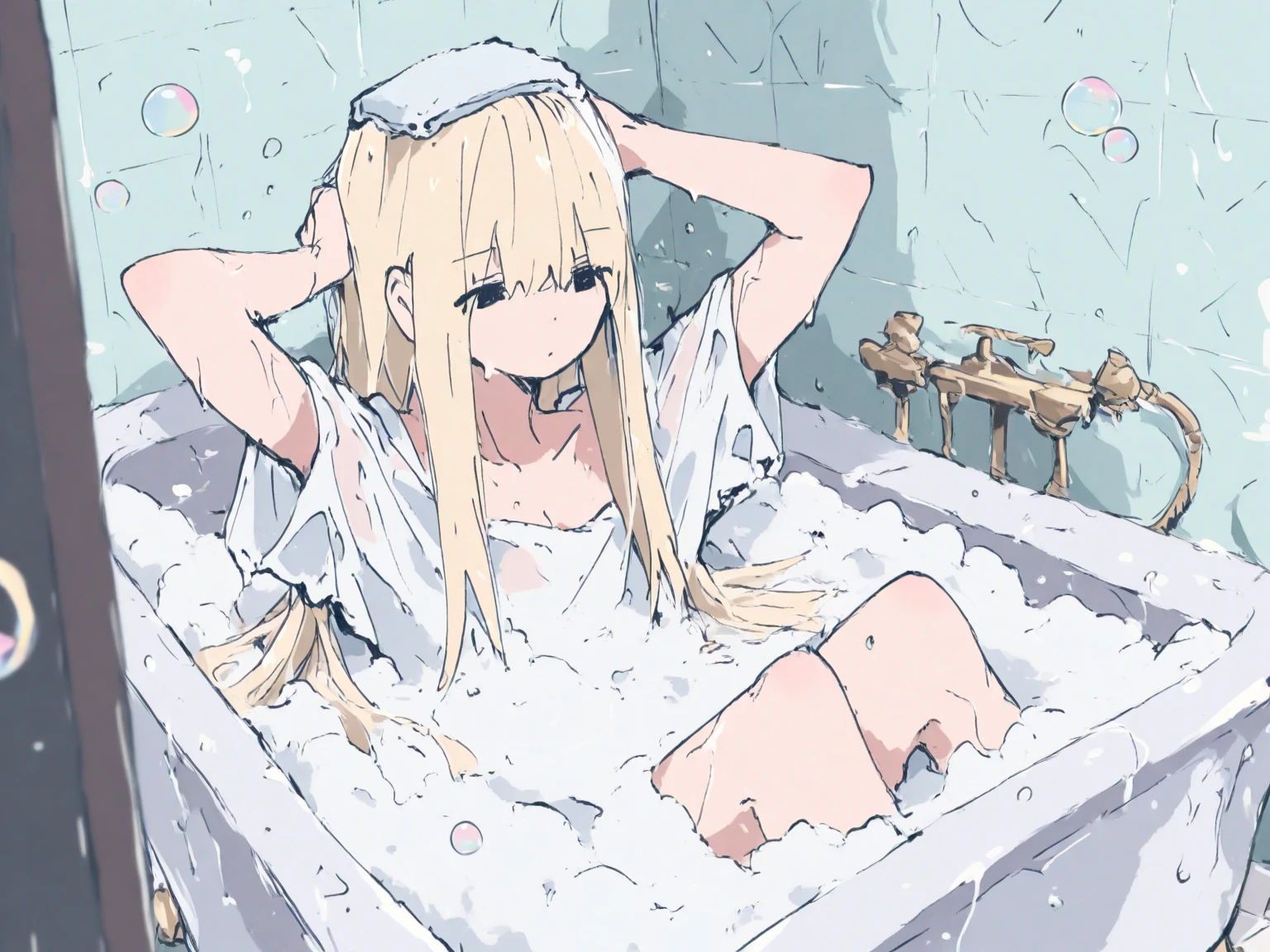 (masterpiece,Highest quality),Intricate details,One girl,Watame Base,Long Hair,Ahoge,Blonde,Hair Clip,naked,whole body,Emphasize the chest,Bathroom,Soaking in the bathtub,from above,Overlooking,smartphone,singing,Blushing,inverted nipples,lying,With natural light as a background,Clear water