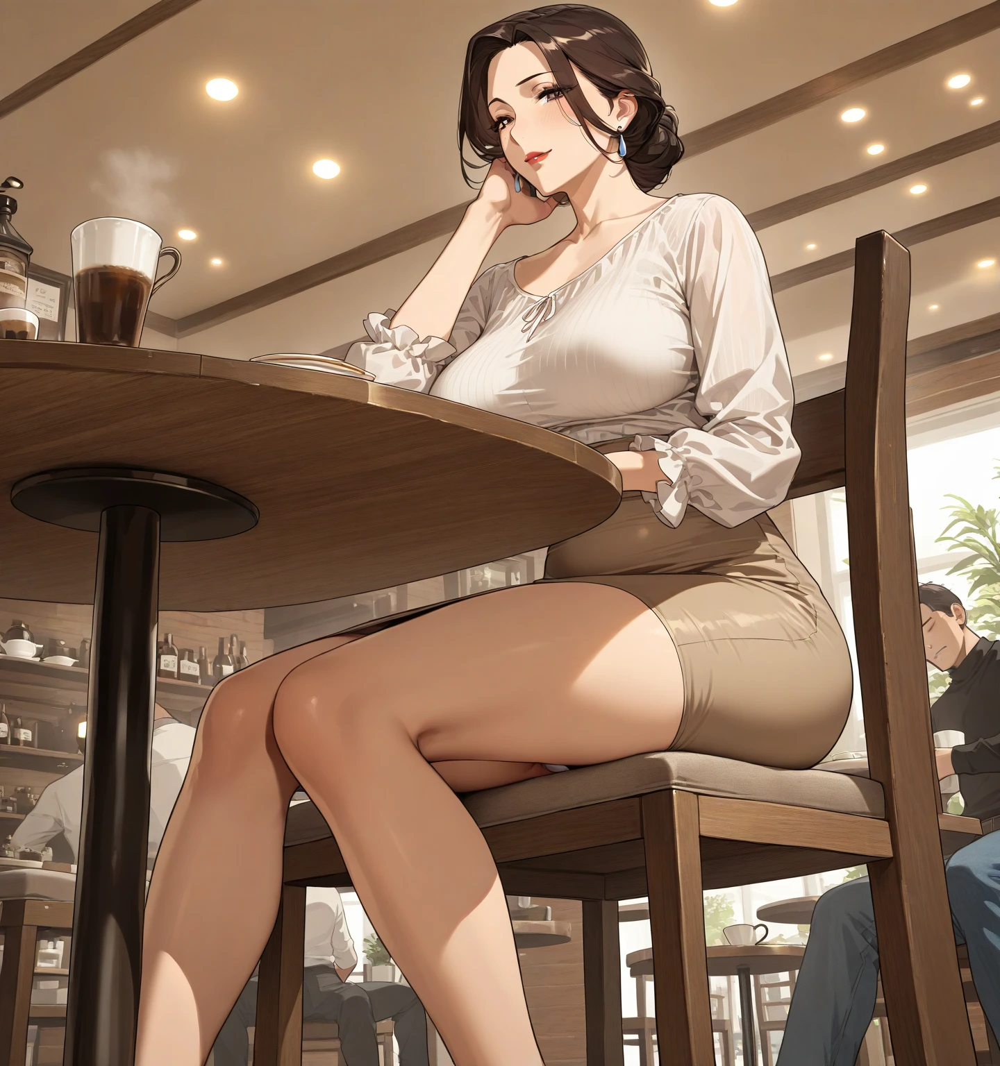 Hot girl sitting on a small stool at a table, ramen noodles, coffee, high heels, natural makeup, jewelry, high fashion, simple fashion, modern fashion, elegant, flirty, 28 yrs, big breasts, full body, illustration, Saigon city, Vietnam background, daytime