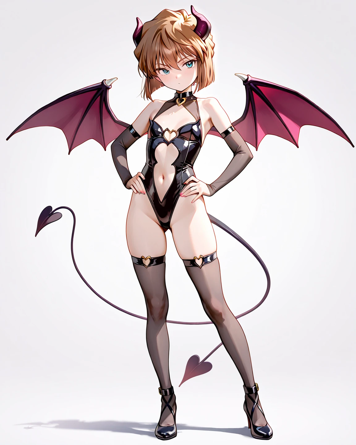 1 girl, dakimakura, standing up, Felix Argyle face, sexy succubus girl, latex bikini, latex gloves, cat girl, light brown hair, brown cat ears, brown cat tail, high heel boots, Best quality, masterpiece, red lipstick, detailed brown eyes, full body displayed, demon wings, small breasts, femboy body,