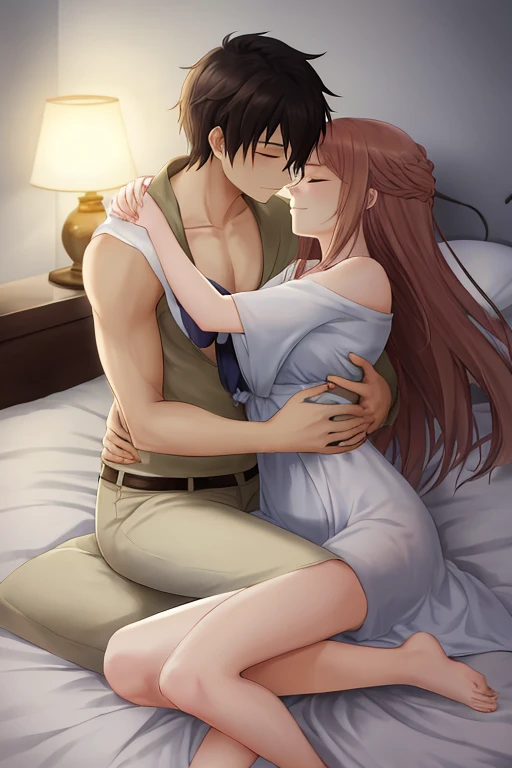((highest quality)), ((masterpiece)), (detailed), Perfect Face、((Yuuki Asuna))、Brown Hair、((Men and women get naked))、((They hug each other and kiss deeply))、On the bed in the bedroom、((A man and a woman have marital relations on a bed))、A man and a woman are a couple、Gorgeous Phoenix Crown、Woman has a happy face、Gorgeous hair ornament、Earrings、necklace、Bracelet、Luxury accessories、(The woman is the empress)、(The man is the prince)、((Woman hugs man))、(The man puts his hands around the woman's waist and hugs her)、Man and woman making love in bed