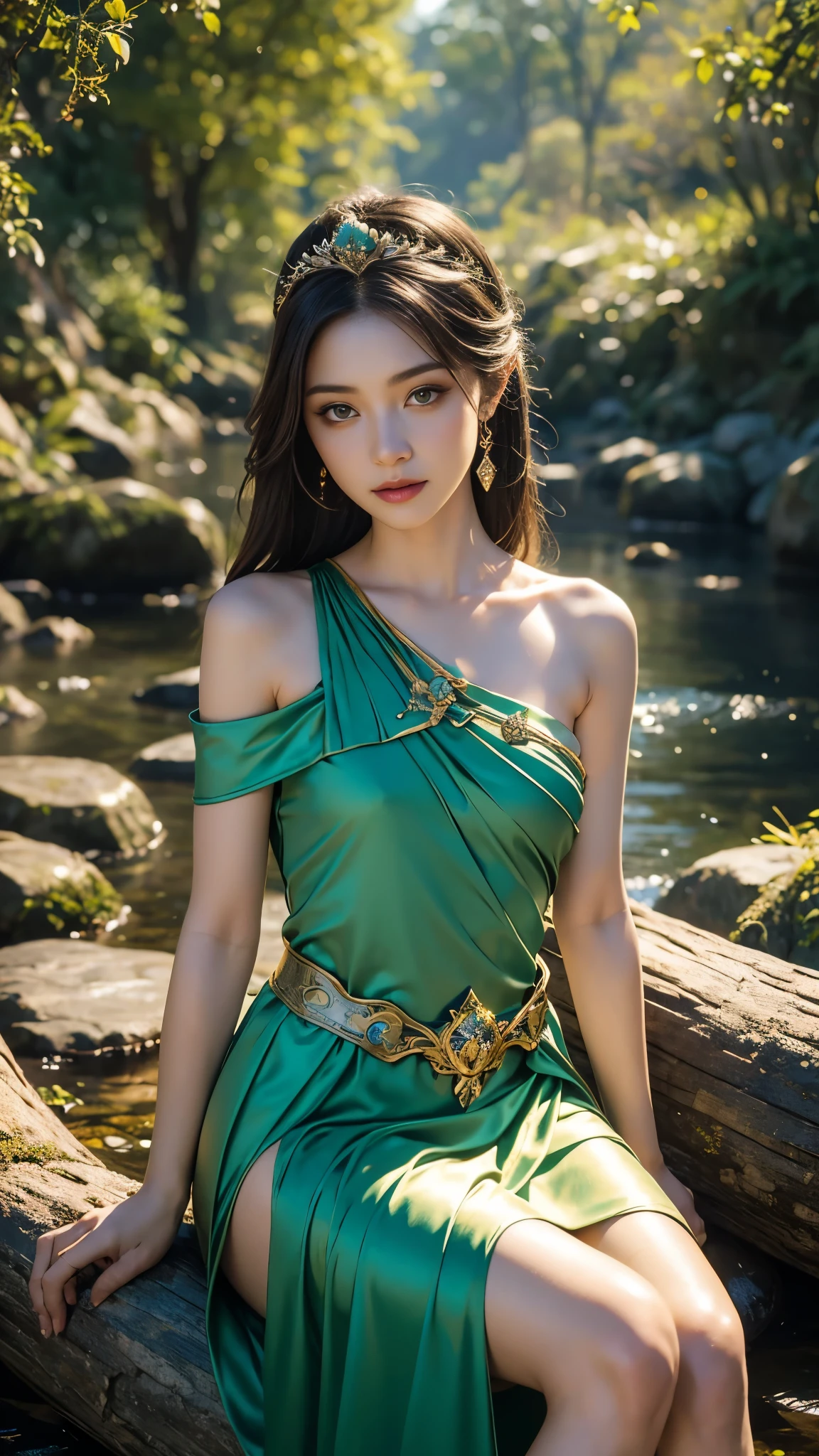 arafed woman in a green dress sitting on a dock in a pond, a beautiful fantasy empress, beautiful and elegant elf queen, very beautiful elven top model, inspired by Du Qiong, inspired by Lan Ying, gilded lotus princess, ((a beautiful fantasy empress)), beautiful elven princess, inspired by Wu Bin, queen of the sea mu yanling