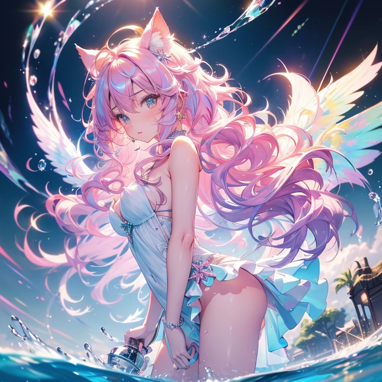 Wavy hair、Wolf Ears,Earrings、Delicate painting、Anime illustration、Seaside Background、Thin Hair、A smile without hesitation,Clear Eyes,Pink hair girl,Full Body Shot,profile,Blue and black one-piece with gradient starry sky pattern,Black lace up to the neck,Heavenly Maiden's Feather Robe
