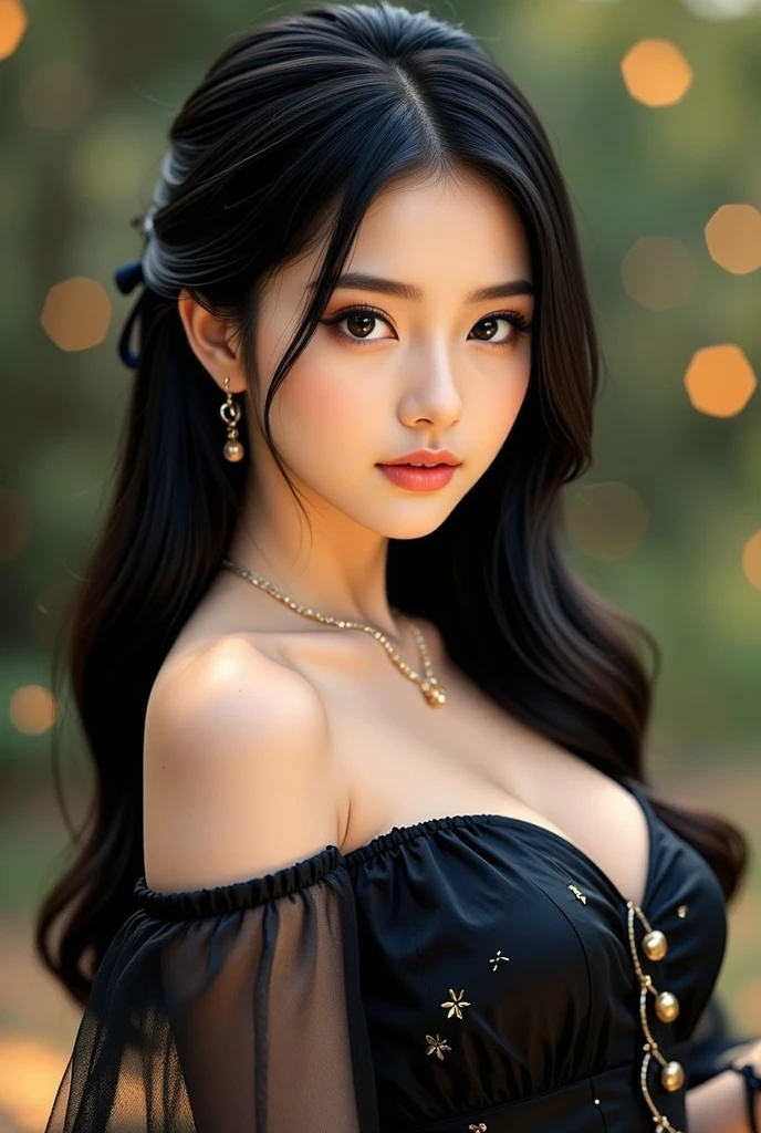 Best Quality, Maste Piece, ultra-high-resolution, Raw photo, Beautiful and aesthetic, deepshadow, Dark Theme,(Photorealistic:1.4), (1girl in, young beauty, Smile, Black dress, off shoulders, Cleavage), Outdoors