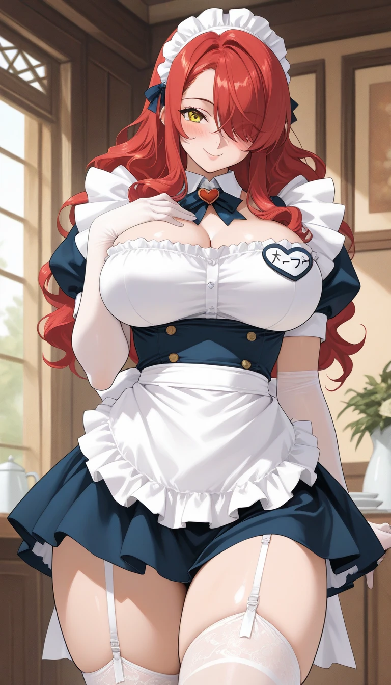 1 girl, redhead, maid uniform, busty, large breasts, curvy figure, anime