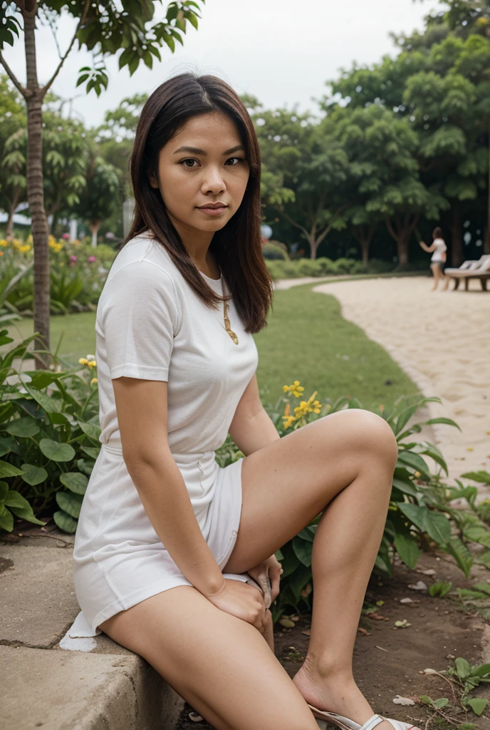 1girl malay, full body, big eyes, sharp nose, small lips, wide forehead, smooth sskin, pony tail, looking at the camera, happy smile, tight robe, squating, garden