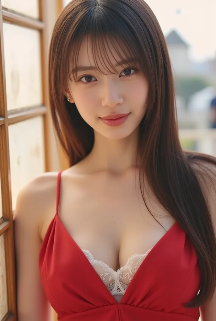 (HighestQuality, 8K,32k,masterpiece, UHD:1.2),Highly detailed CG Unity 8K wallpaper,intricate details,Raw photo,(realistic:1.4),atmosphere,ultra high resolution,genuineistic,genuine,Huge_file size,incredibly absurd,(in the center:1.3),ultra illustration,(Super detailed),dramatic lighting,different colors,written boundary depth,art:Krenz Kushart,golden hour lighting,Photographed with Canon EOS,SIGMA art lens 35mm F1.4,ISO200 Shutter speed 2000,blurred background,
break,
1 girl,(smile:1.4),because I'thin,(Straight long hair with see-through bangs,:1.4),alone,20 year old Japanese beauty, (bar,red dress, full wide open chest, bare shoulders:1.5),(light brown hair:1.5),((brown eyes)),largechest,chest, Soft white skin that shines in every detail,pale skin,very beautiful face,very well-shaped face,natural and realistic face,Highest,fine and beautiful eyes,impressive, Big eyes,fine eyes, smile, smile with your mouth closed, detailed mouth,lip details,glossy beautiful lips,glossy lips,simple earrings,necklace,jewelry, alone focus,low neckline,
break,
light from the front,nice,Are standing,sensual expression, break,
(Dutchangle:1.4),looking at the viewer,
break,Tzuyu,Yui Aragaki,