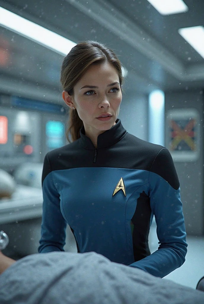 RAW photograph of beautiful of (T34L30N1 woman:1.1) as space captain,wearing blue (Star Trek NG uniform),standing on the command deck of battle cruiser spacecraft,smiling,dark hair in futuristic hairstyle,looking out into space at a nearby galaxy,posing,upclose portrait,muscular,hourglass body,fashionable,detailed,deep photo,raw photo,film grain,professional photo,vintage instagram LUT,black pants,<lora:zoom_slider_v1:0>,<lora:add_detail:1>,<lora:T34L30N1_09B-000003:1.0>,