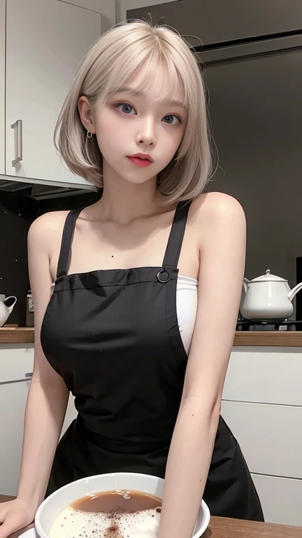 Best image quality、RAW Photos、Ultra-high resolution、16 year old Japanese、Cooking apron、Black Apron、Big round breasts、Short Bob、Glowing White Skin、Beautiful eyes with random colors、Very thin lips、Beautiful eyes in every detail、Long, narrow eyes、Pale pink blush、Long eyelashes、Beautiful double eyelids、eye shadow、Light gray hair、Black Wall、kitchen、Cafe kitchen、Cafe counter table