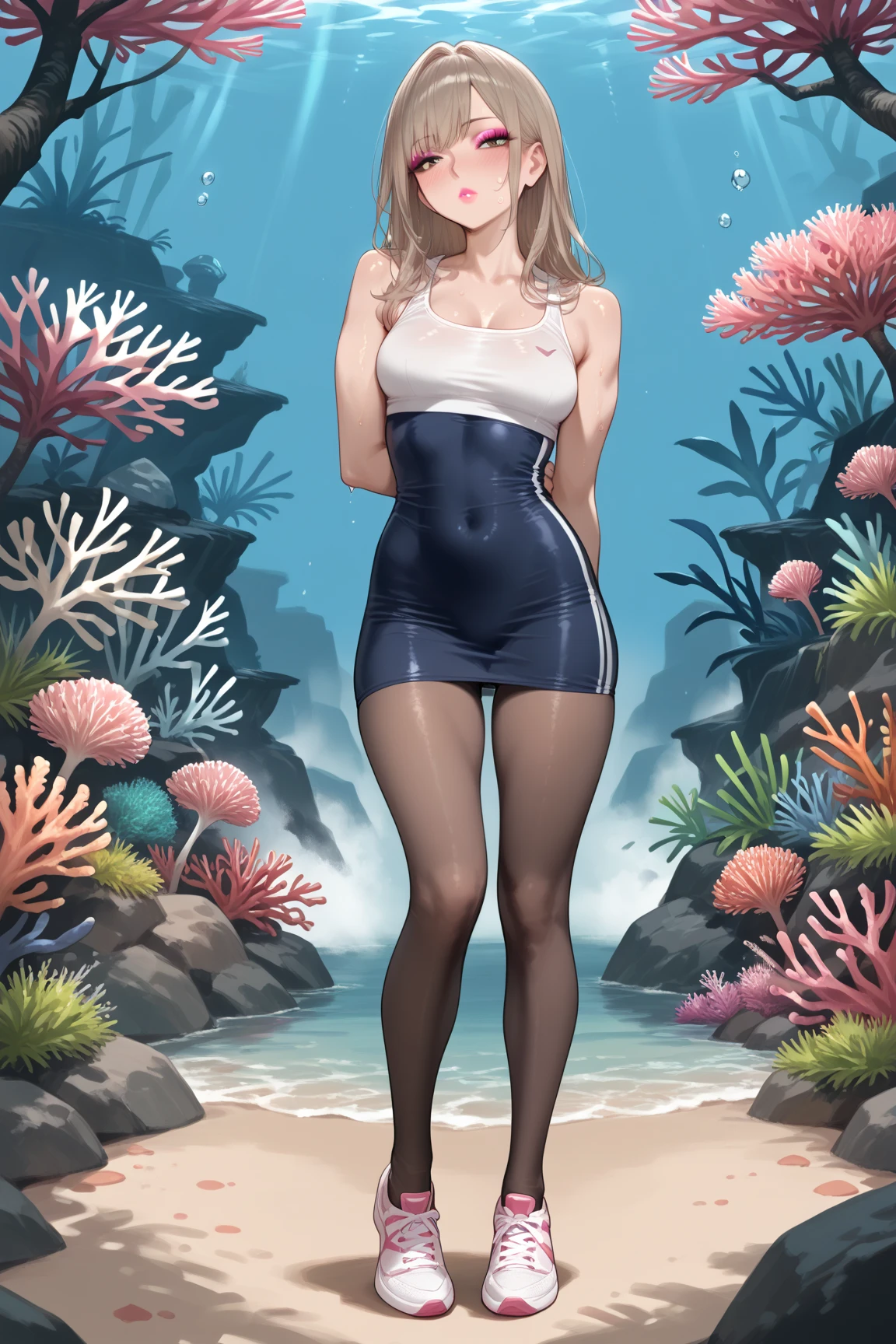 (work of art, best qualityer:1.3), Delta, looking ahead at viewer,  view from low, bare feet, thicc thighs, Broad Hips, Legs long, (from low:1.4), leg focus, (hip focus:1.3), hair blonde, purples eyes, aretes, Delta_don, yellow nails, glaze, shining skin, whole body, hand on hip, no back ground, kitten, standing alone, yellow lips, plein-air, (detailded, high resolution:1.4) 