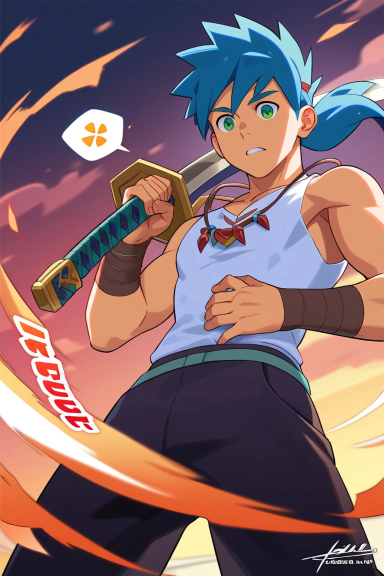 dofus, score_9, score_8_up, score_7_up, dofus, iop, solo, smile, 1boy, open mouth, weapon, male focus, red hair, fang, sword, orange hair, sportswear, glint
