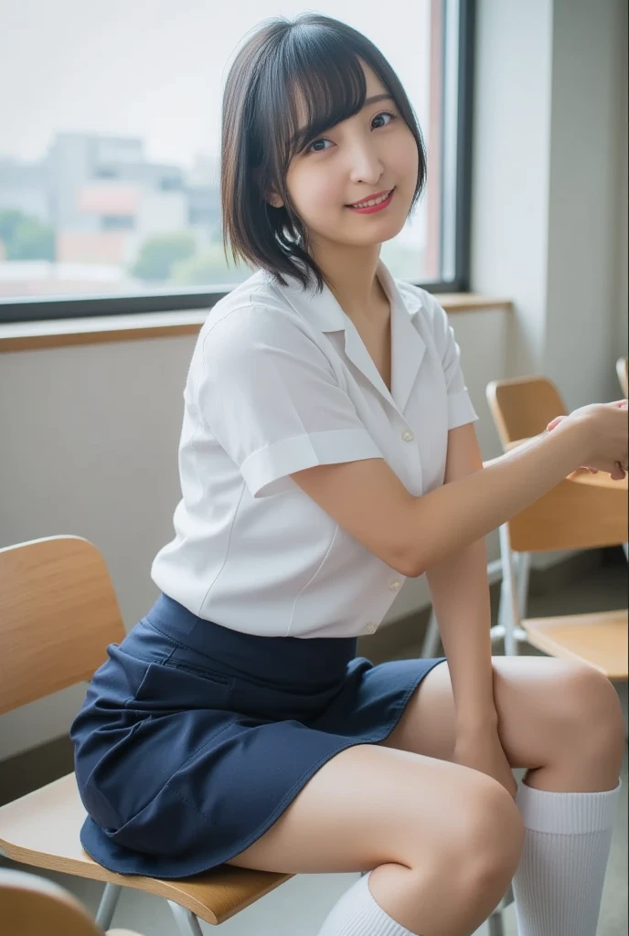 one girl, 14 years old, 8K, RAW photo, best quality, masterpiece, realistic, photo-realistic, clear, professional lighting, BREAK, no makeup face, smile, shirt, solo, gym uniform, Green Bloomers, buruma, white shirt, (short cut hair:1.2), (looking back:1.2), black eyes, black hair, full body, (classroom:1.2)