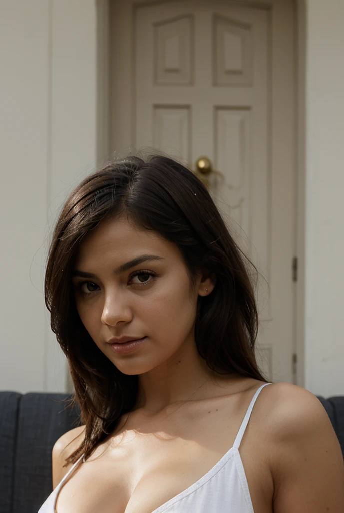 Fotografia de Glamour:1.3, ((master part)), ((circunstanciado)), ((best quality)), 4k, ((estarrecedor)), (vibrante), Mulher Soli, mexicano, a beautiful shy young mexican girl,25 anos,com cabelos pretos longos e cacheados, vestindo um lindo moletom vermelho e calcinha fio dental, Mulher mexicana, retrato de corpo inteiro, Estudo de Personagem, studio lighting, professional lighting, Luz controlada, controlled lighting, Dutch angle, Nikon Coolpix P950 com 24-2000mm f-2 integrada.8-6.5, Perspectiva compactada, no estilo de Anne Brigman