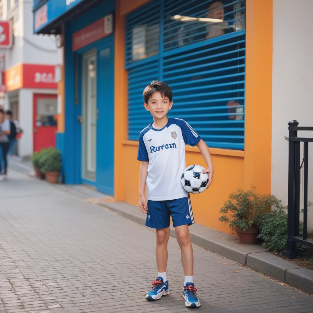 realista， boy, blue hair ,quadra de futebol，Camisas de manga curta，shorter pants，Soccer baby thin waist，long whitish hairGood facial features，Melon Seed Face , homem --auto