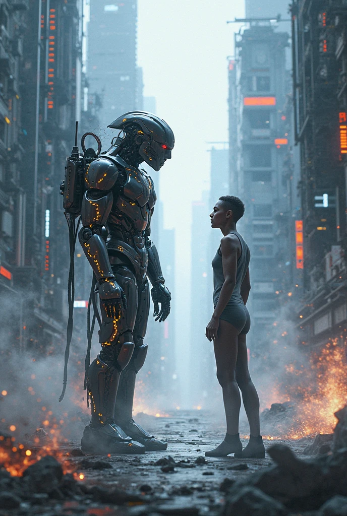 A cyborg woman trying to conquer a naked man