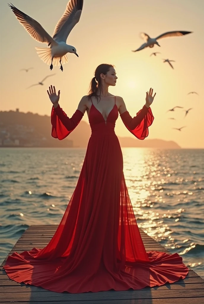 The woman, European appearance, (((Flies, Like a bird over the sea))). (((Woman smiling, She likes))), Dressed in a translucent red dress, Translucent red scarf develops in the wind. pearls, a gold, Expensive jewelry.
