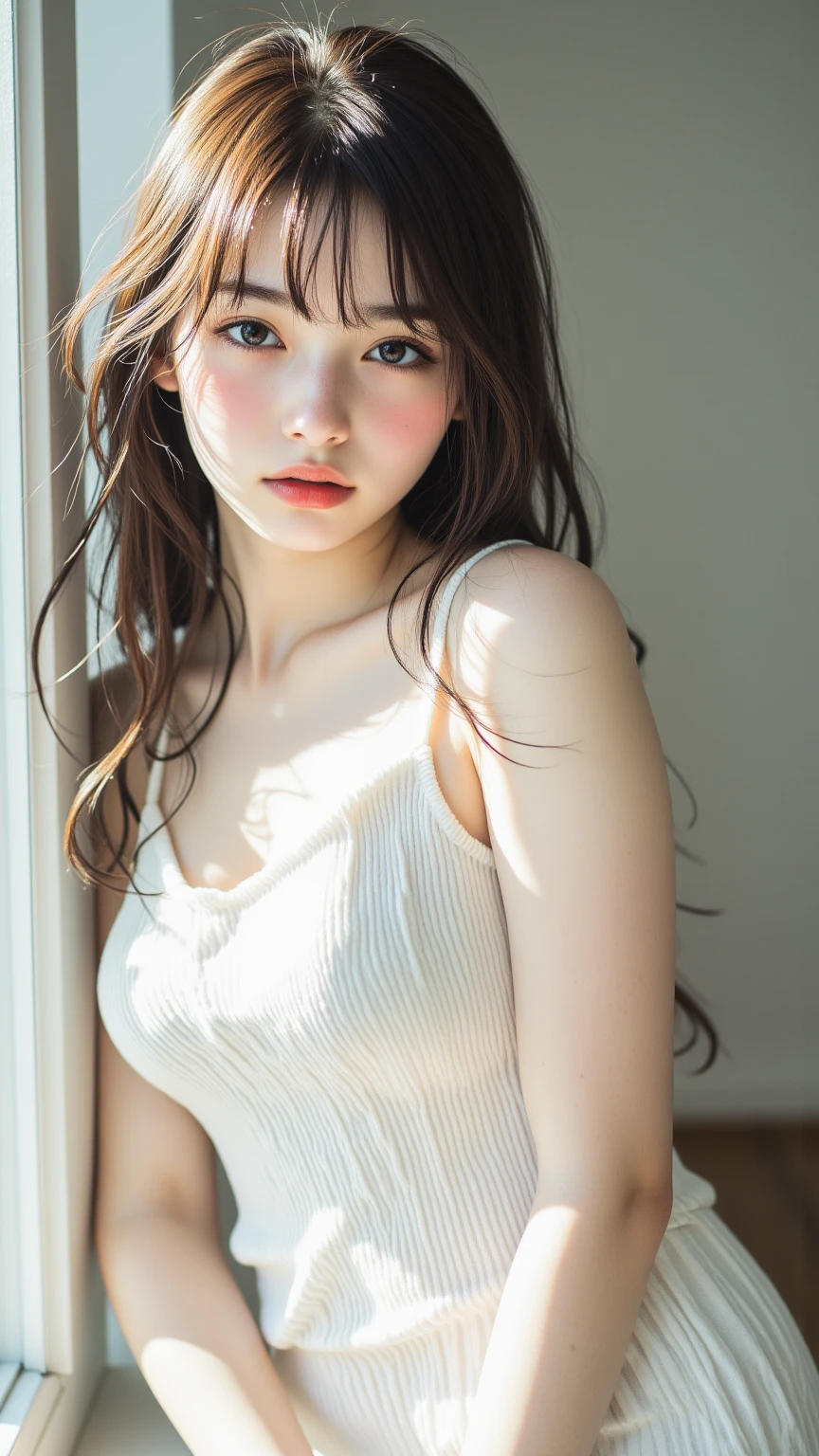 masterpiece, highest quality, 8k, 20th generation, Big Breasts, cute, alone, sad, cute, Girlish, cute、Delicate girl, Pure beauty, RAW Photos, Professional photography, Portraiture, Soft Light, Professional Lighting, Backlight, Upper Body, avert your eyes, Sophisticated, Film Grain, (Round face、Young Face、Thin eyebrows、Thin lips:1.0), Floating Hair, beautiful, Flowing hair, bangs, White blouse、pastel cardigan、(Big Breasts:1.2)、I can see a little cleavage、Micro Mini Skirt、Voluptuous thighs、dolly make、Heterochromia iridis、Left and right eyes are different colors、Midsummer sky、Cumulonimbuidsummer Beach