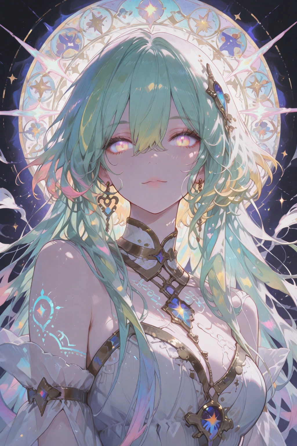 masterpiece, best quality, (1girl:1.4), bangs,closed_mouth, eyebrows_visible_through_hair, green_hair, full body, grey_eyes, hair_between_eyes, hair_ornament, long_hair, looking_at_viewer, multicolored_hair, portrait,solo,jewelry,<lora:Yuu:0.8>,starry,sky,stars,galaxy,