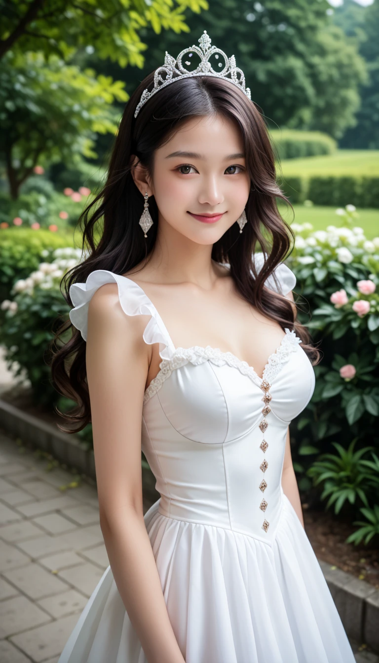highest quality, masterpiece, from below, long hair girl, White sleeveless short dress with black lace on the chest, looking at the viewer, panties, garden, enchanting smile, open your mouth,