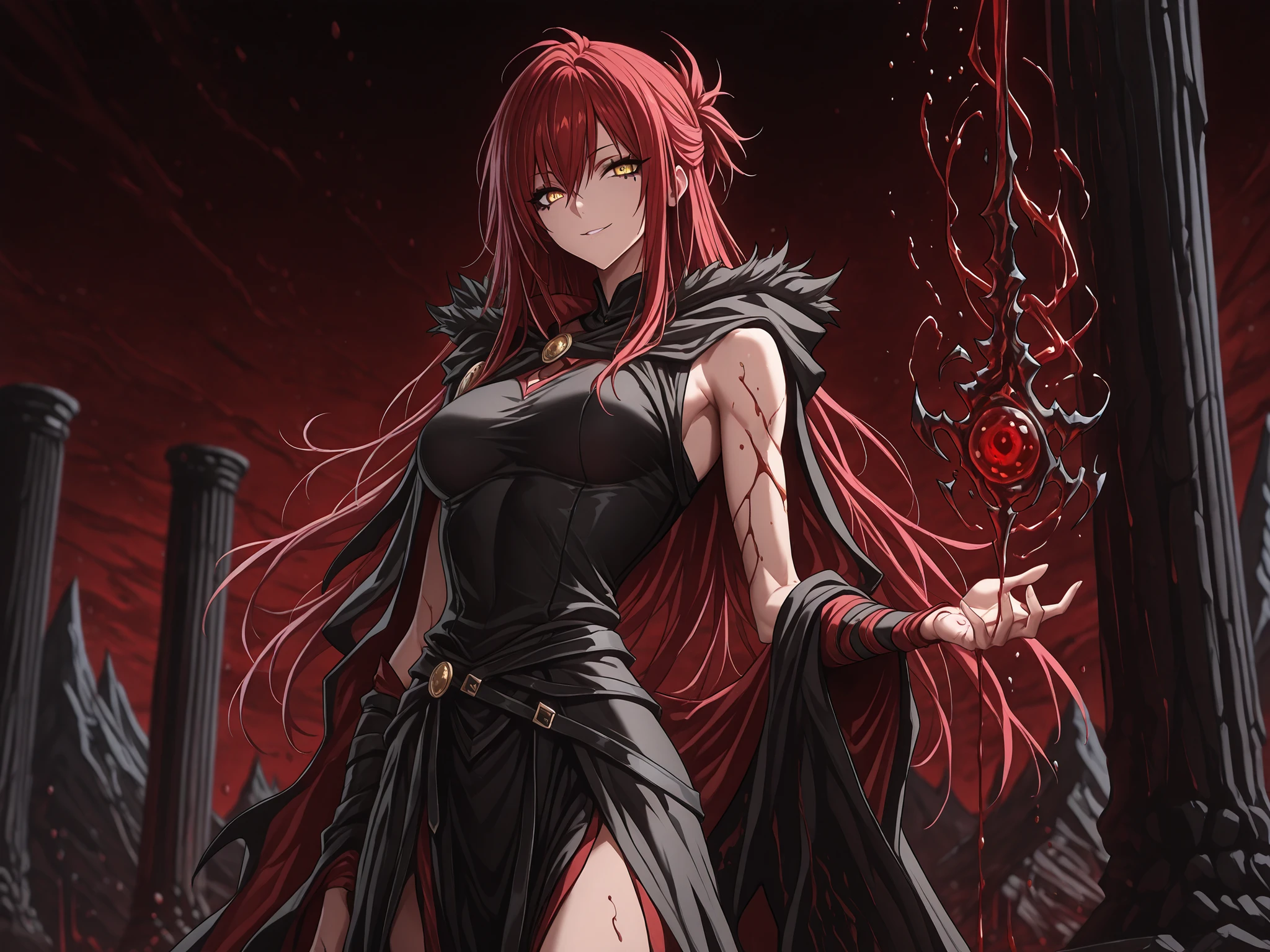 (EyesHD:1.2), masterpiece, best quality, ultra-detailed, very aesthetic, sharp focus, depth of field, vibrant colors, ray tracing, best lighting, detailed illustration, detailed background, cinematic, beautiful face, beautiful eyes, 1 girl , golden eyes , very long hair , long sidelocks, red hair ,half updo, petite , very cute , beautiful ,Straight hair, cool, handsome, hair between eyes, sexy, medium breasts , (fantasy mountain background; raining blood:1.2), (medieval fantasy sorcerer robes; dark clothes, sleeveless:1.3), seductive smile, standing up, (hauntingly beautiful, seductive:1.2), vertical pupils, black eyeliner, skinny, black wolf pelt cape, blood mage, giant pillar of blood raining down from the sky, enormous quantity of blood, blood magic, conjuring blood magic, destructive magic, storm of blood, blood veins falling from the sky, rivers of blood falling from the sky, everything destroyed and covered in blood, dynamic pose, dynamic shot,