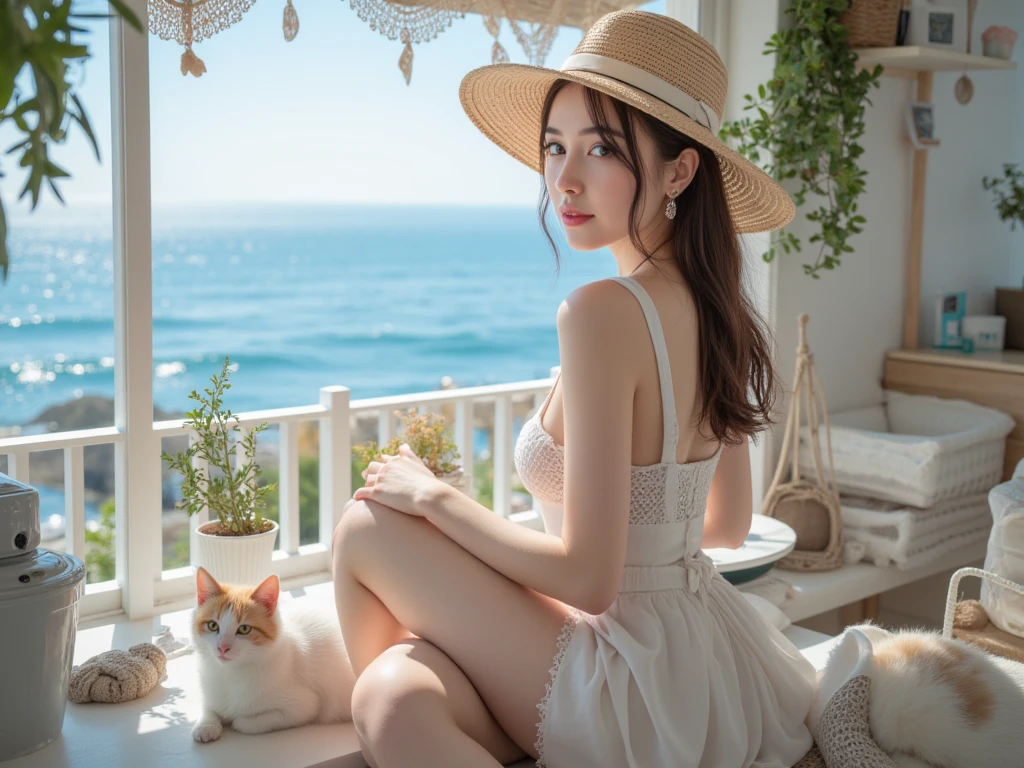 1 girl、whole、ephemeral、look back、Real like a photo、very short black hair、On the sea at night、white bikini、Super beautiful girl with cat eyes、18-year-old、slightly brown skin、slim body