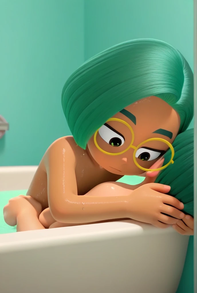 mirabel madrigal, green glasses, full body, nude body, under view, wet skin, small breasts, hips, on knees, pussy juice, shy, spread legs, sitting, chubby body, ass , pissing, cumming, cum on body, xum on hair,