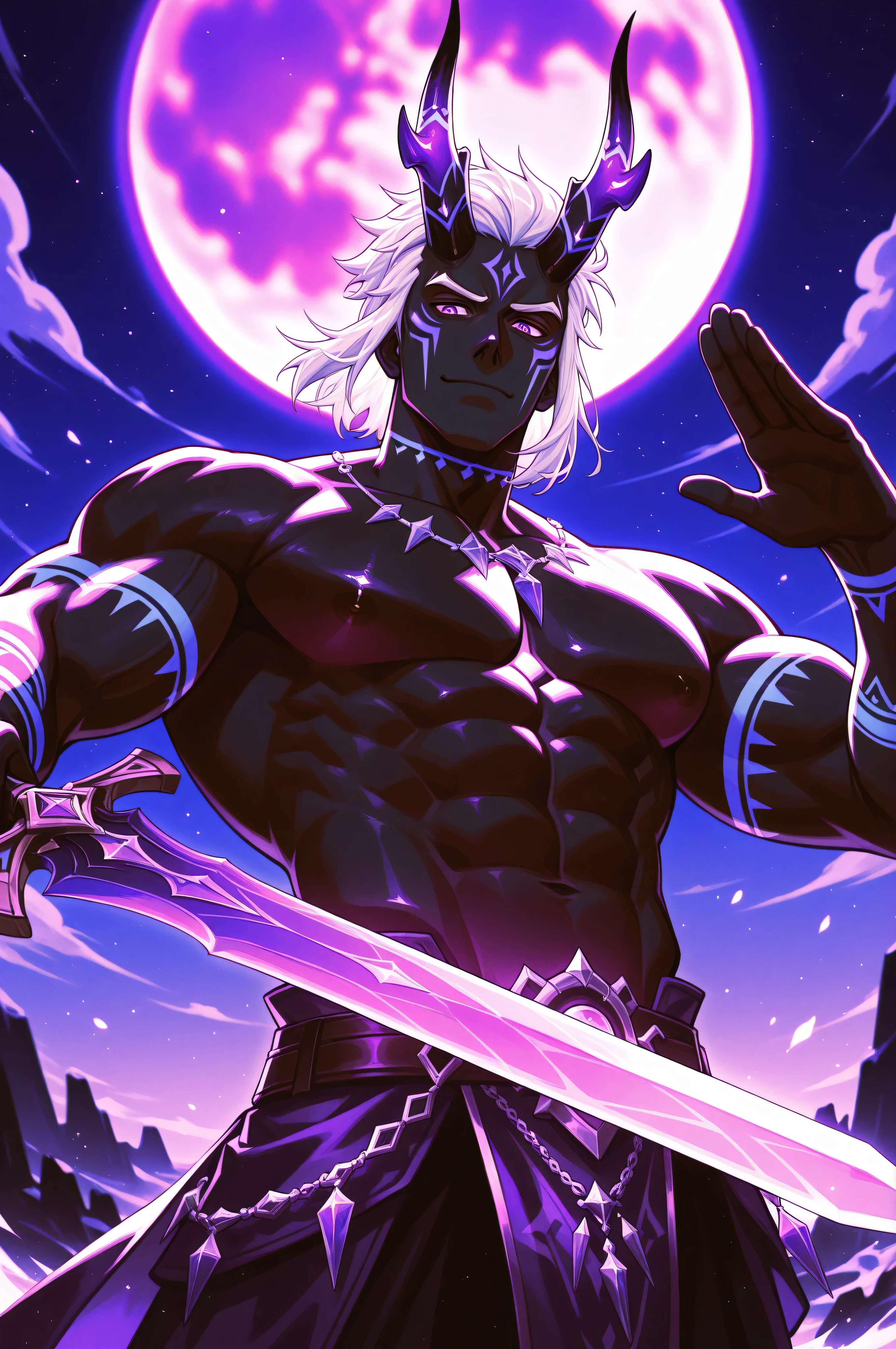 1boy,solo,flora_humanoid, male, black skin, short hair, neatly combed hair, white hair, purple eyes, tribal markings on his cheeks, luminescence,Large pectoral muscles,A huge purple moon,(The crooked horns of the devil-goat:1.5), Holding a sword in one's hand,fighting stance,dynamic,Half-body portrait,Waving a sharp sword,A mature face,The crooked horns of the devil