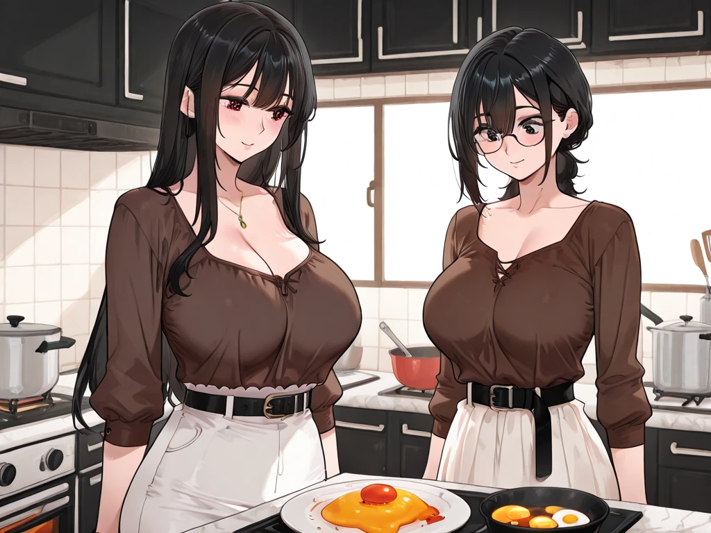)(one male character hugging one thick body female character from behind)) while watching multiple thick body females naked wearing just an apron(bare breast with nipples hanging out) standing around kitchen table talking and mingling((nsfw))