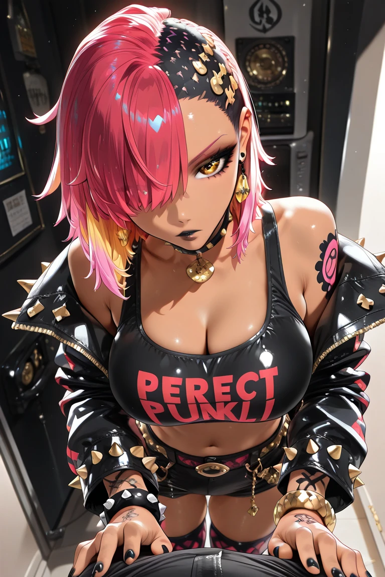 1girl, punk, punk girl, colorful, bright colors, outdoors, colorful eyeliner, colorful eyeshadow, colorful eyebrows, colorful mascara, colorful lips, choppy bangs, huge breasts, messy hair, colorful clothing
