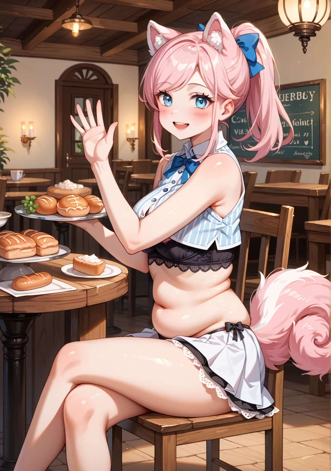 Young girl with pink hair, long twintail hairstyle, ((small bushy eyebrows)), wearing clothes, lolicoankuro) drawing style by zankuro artist, Zancrow style, image uploaded in R34,in the mall, flirty smile , suddenly having sex in pub, ((doggy style slic sex in astaurant)) nakeds in the male crotch, ct anay, ((many people sitting around at the same table as her))
