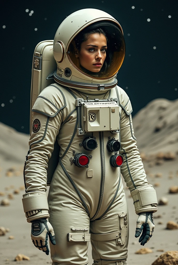 Black woman with short straight hair wearing sexy futuristic astronaut outfit, fully body.