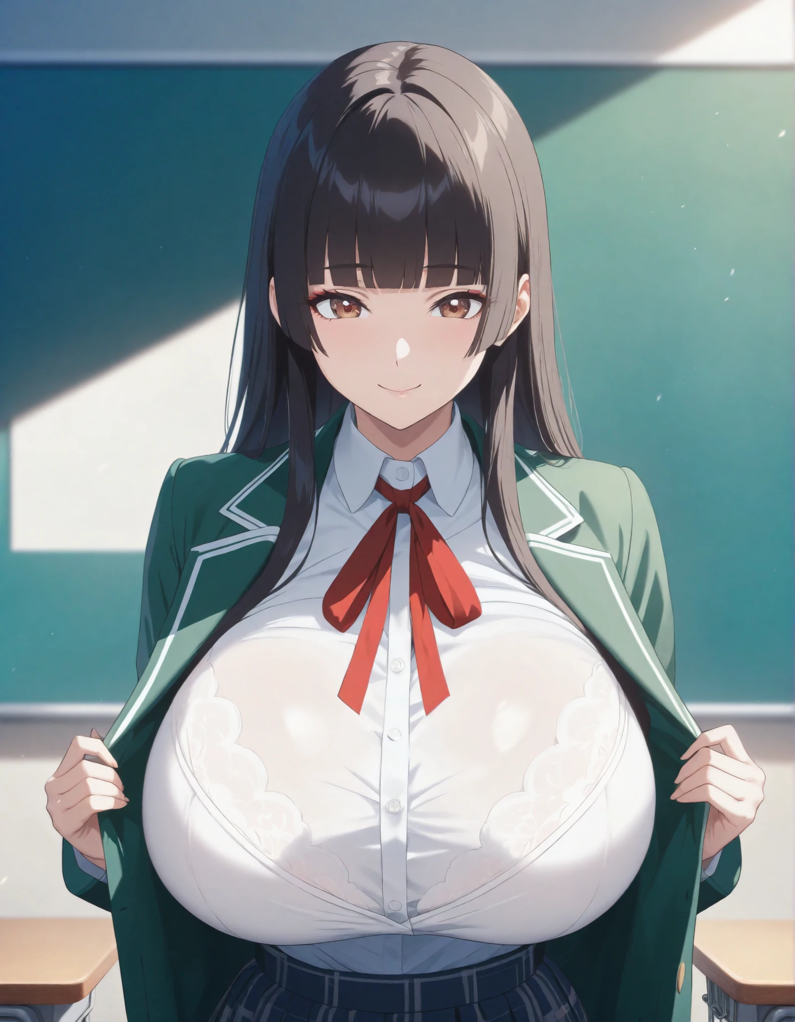 (masterpiece, 8k, super high resolution, absurd:1.2), 1 Japanese woman, 10th Generation, (Black Hair Middle, hime cut, blunt bangs), beautiful character design in the gymnasium warehouse, perfect contrast, Anatomically Accurate, perfect face, Beautiful and delicate eyes, expressive eyes, brown eyes, Smile, (school uniform, emerald green jacket, buttoned t-shirt, Red ribbon, White lace bra, plaid pleated skirt, black knee-high socks), (huge breasts, saggy huge breasts:1.1), (pretty shaped ), Thin Waist, wide hips, (upper body, Undressing scene:1.2), In a classroom where no one else is