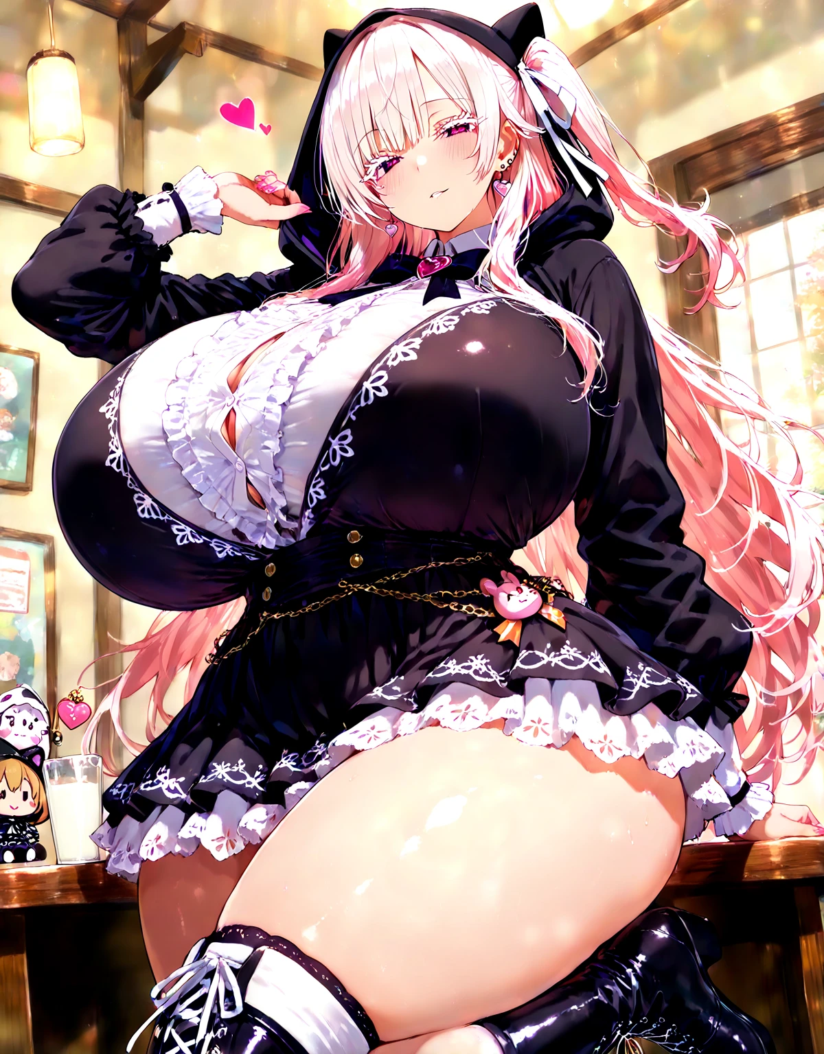 masterpiece, best quality, 1girl, (pink hair, long hair, detailed hair, cat ears, pink eyes:1.3), cute, (horny eyes, heavy blushing, excited, extremely horny face:1.1), bedroom, (black hair ribbons, black and white gothic dress:1.2), (topheavy, gigantic breasts, bursting breasts, curvy, slim waist, bottomheavy, thick thighs, wide hips:1.2)