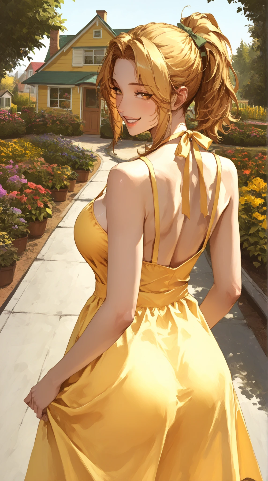 (masterpiece,best quality,edgQuality), edgYSD,outside,garden,dappled sunlight,flowers,1girl,feliciarnd,big booty,looking at viewer,woman wearing a yellow sundress,bangs <lora:felicia-fe-richy-v1:0.9> <lora:edgChamYellowSundress:0.8>