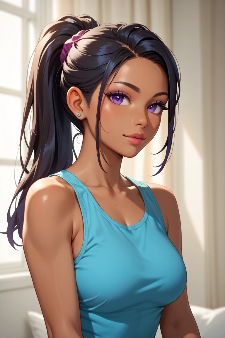 (Masterpiece) 8K resolution, top quality, woman in tank top eating ice cream, jet black bun hair, purple eyes, very pretty, nice body, kind smile,