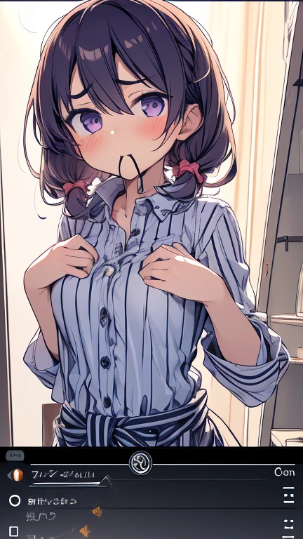 (NSFW:1.1),(masterpiece:1.2), (Highest quality),(Open your mouth)、 whole body, Beautiful Skin, Super fine, Highest resolution、(Brown Hair:1.1)、(Short Hair)、blue eyes、(indoor)、Sit on the bed、Patsun Hair、(blush:1.1),(Realistic), 1 girl, Laugh with your mouth open、A scornful smile、(Navy Blue Skirt:1.1)、(Hair Clip:1.1)、(Two Side Up:1.2)、(White polo shirt:1.4)、choker、Long sleeve、、Moe sleeves、Earrings、Clothing、(White knee socks),(Cleavage:1.1)、(Small Boobs)、Nipple peek、Budding breasts、Beautiful nipples、Beautiful nipples、Rocket Boobs、Firm breasts、Heart symbol、(Beautiful nipples:1.3)、Lolita、Brat、(Lolita:1.3)、Baby Face、Young face、(Pink Panties:1.2)、Muscular、Open chest