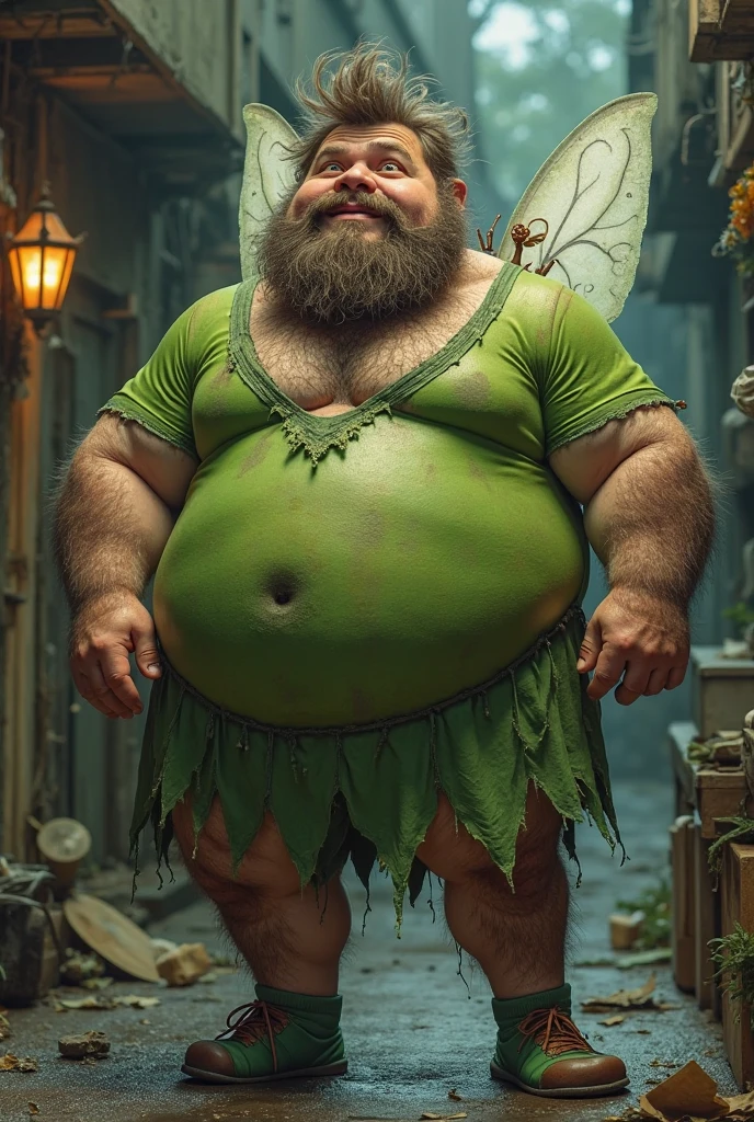 goblin, hairy, prominent belly, big bloated and bulged belly, swollen belly, muscular, tall, pointed ears