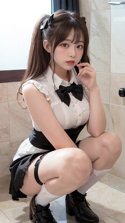(8K, Raw photo, Best Quality, masutepiece:1.2), high-definition RAW color photography, professional photograpy, cowboyshot, (Realistic, photographrealistic:1.37), ((Best Quality)), 24-year-old woman, Cinematic Light, (finerly detailed face:1.2), (masutepiece:1.5), (Best Quality:1.2), (Mole:0.5), (Smiling:0.9), (Looking at Viewer:1.2), Knees align,Squatting, White panties, bowtie, (Detailed Maid:1.2)