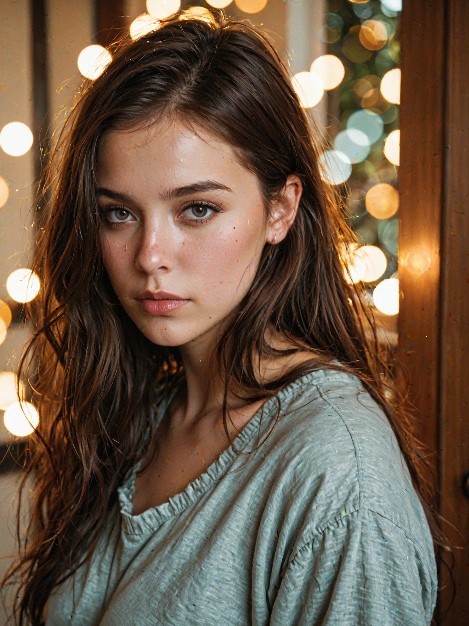 Top Quality, Masterpiece, High Resolution, 8k, (((cute skinny barely legal girl in oversized silky nightgown with plunging neckline, wide neckline, deep neckline, small perky breasts, beautiful detailed eyes, beautiful detailed lips, small closed mouth, extremely detailed face, long ponytail hair, small hips))), cyberpunk apartment, moody atmosphere, dramatic and random neon colors, futuristic setting, intricate details, at night, backlit, full body shot, view from distance 