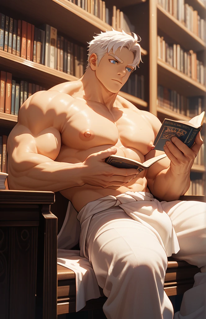 Highest quality、masterpiece、(muscular male:1.3)、(father:0.5)、Blonde、Brown skin、Short Hair、Sports haircut、short hair、fantasy、Fantastic space、library、wizard、Wearing a black and blue robe、bare chest、starry skies、Looking for a book
