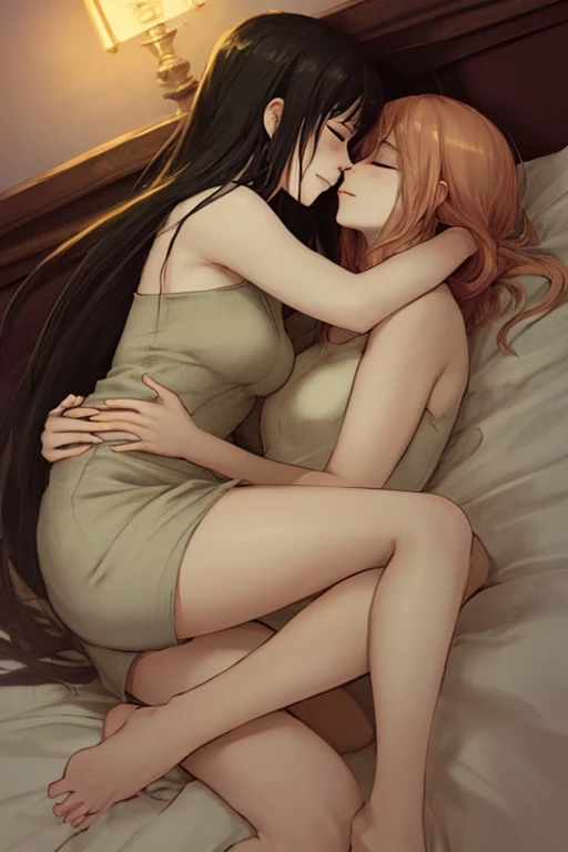 2girls, art by Eiichirio Oda, nami and boa hancock are enjoying their private time in a hotel room at night, boa hancock is lying down on bed, nami and boa hancock are kissing each other, nami and boa hancock are naked but their bodies are covered in a blanket