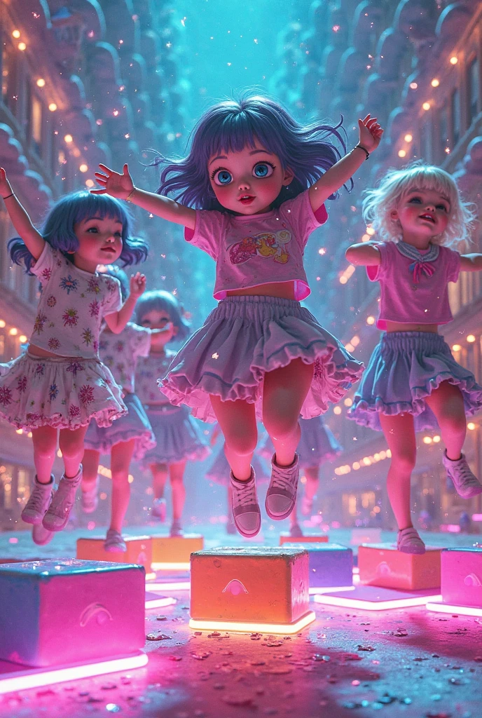 Beautiful small square Roblox female dolls, with long white hair, kawaii clothes with vintage pink dress and white shirt and kawaii pink backpack and no lips, white skin, no mouth and beautiful body, she is dancing in a cave, cartoon, Vice City GTA, ceuva background with a dance floor