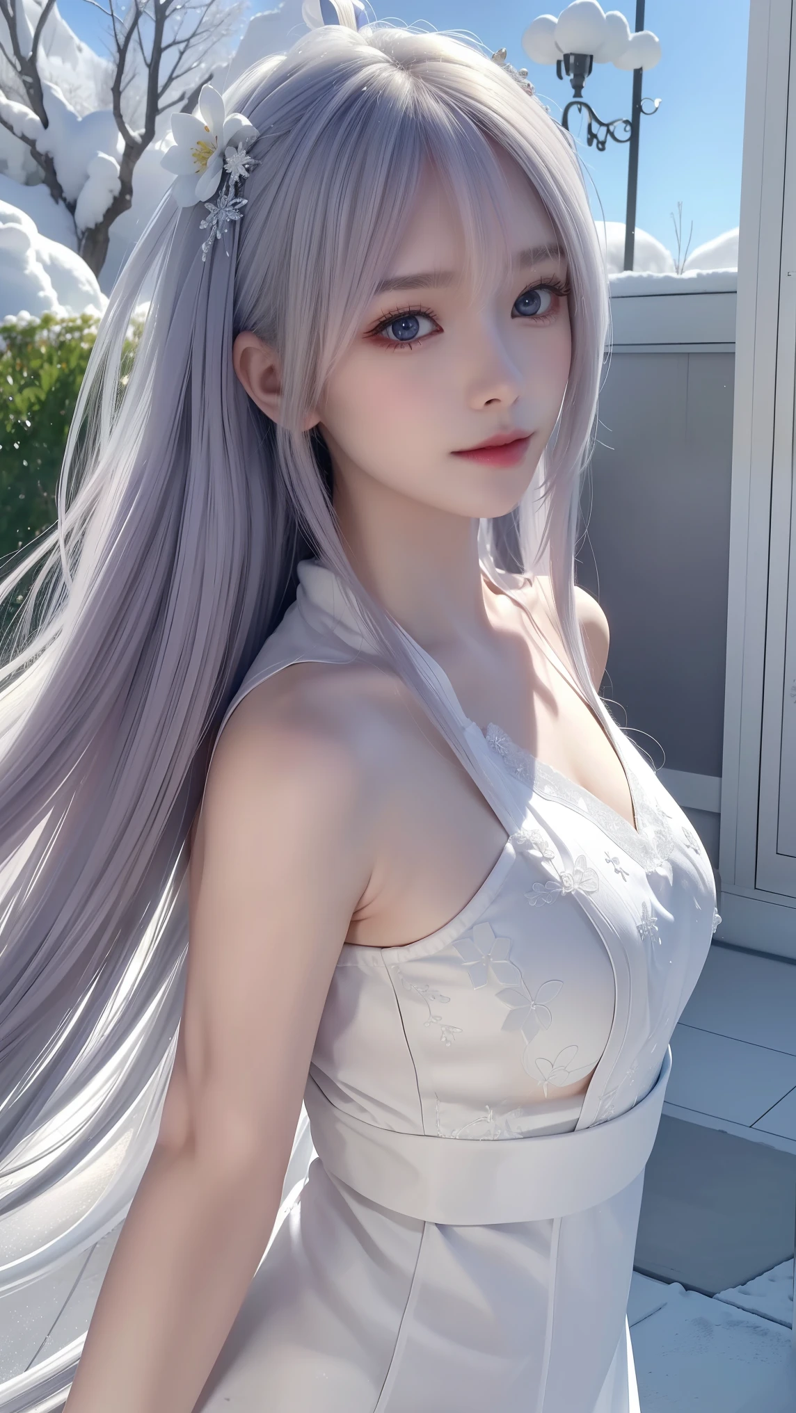 (masseter membrane:1.3)、(8K、真实感、Original photography、top-quality: 1.4)、(1 girl in)、Beautiful face、(lifelike face)、(White hair、Medium hair:1.3)、Beautiful hairstyle、photorealistic eye、beautifuldetails、(real looking skin)、Beautiful skins、(花魁)、Huang Li、Cleavage is seductive、超高分辨率、Surreal、high detal、the golden ratio、bright sun light、curlies