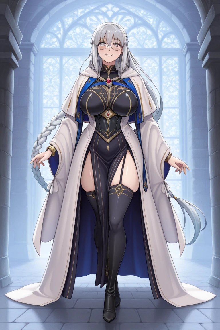 Artoria Lancer, mature woman, chic, hair blonde, greeneyes, casual clothes, tails, White cloack, Fur trim, portraite, trunk, curved, 4k resolution, high qualiy