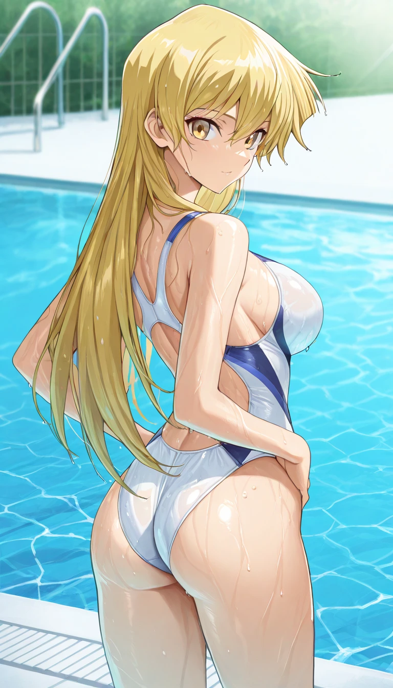 An anime-style artwork depicting Kousaka Shizuru from the game Honkai star rail.

Tags: Kousaka Shizuru, anime, detailed eyes, detailed lips, ass, bare shoulders, (blonde hair:1.4), (micro bikini : 1.4), midriff, long hair, red-framed eyewear,  semi-rimless eyewear,  solo, under-rim eyewear, huge breasts,  (green eyes:1.1),, smiling expression, intense gaze, dynamic pose,  outdoor, pool, vibrant colors, digital art, high-resolution, professional quality, gigantic breasts, curvy, cowboy shot, (gigantic breasts: 1.4),, curvy ass, (big butt : 1.4), (bubble butt : 1.4), from behind, back view,