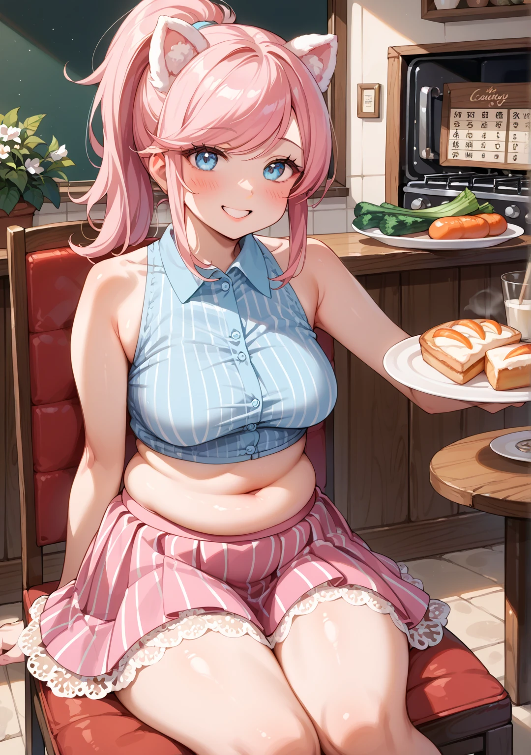 ((Best Quality)), ((Masterpiece)), (detailed), 1 girl, attractive woman with a sterilized body sitting in a platter off-the-shoulder sweater and a denim skirt and black high boots, with pink hair above her shoulders 