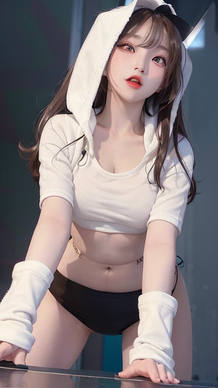 photorealistic, high resolution, 1 girl, long hair, korean, beauty eyes, print white sexy shirt, skimpy tight black shorts, thick thighs,print crop top sexy, lace underwear, yellow, red, blue, pink, purple, violet,
