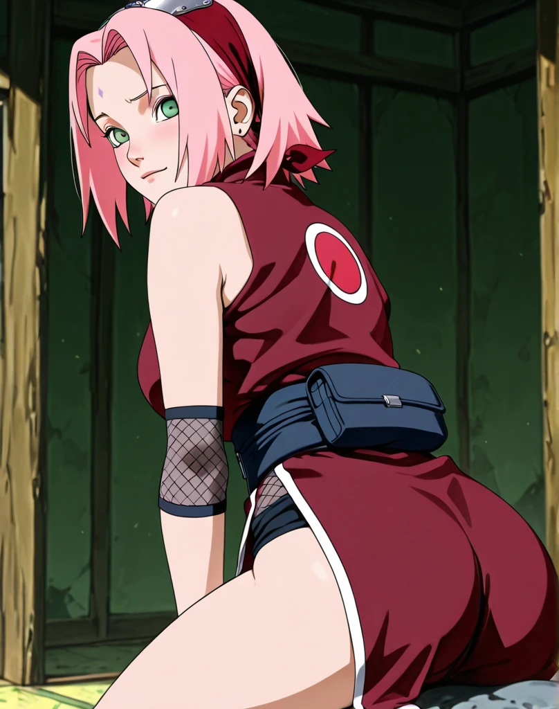 ((best quality)), ((masterpiece)), (detailed), perfect face, Perfect body, perfect anatomy, 1 girl, sakura haruno, pink hair, green eyes, red clothe, sexy pose, naked, ass, pussy, full body, realistic, high detail, high quality image, 8k