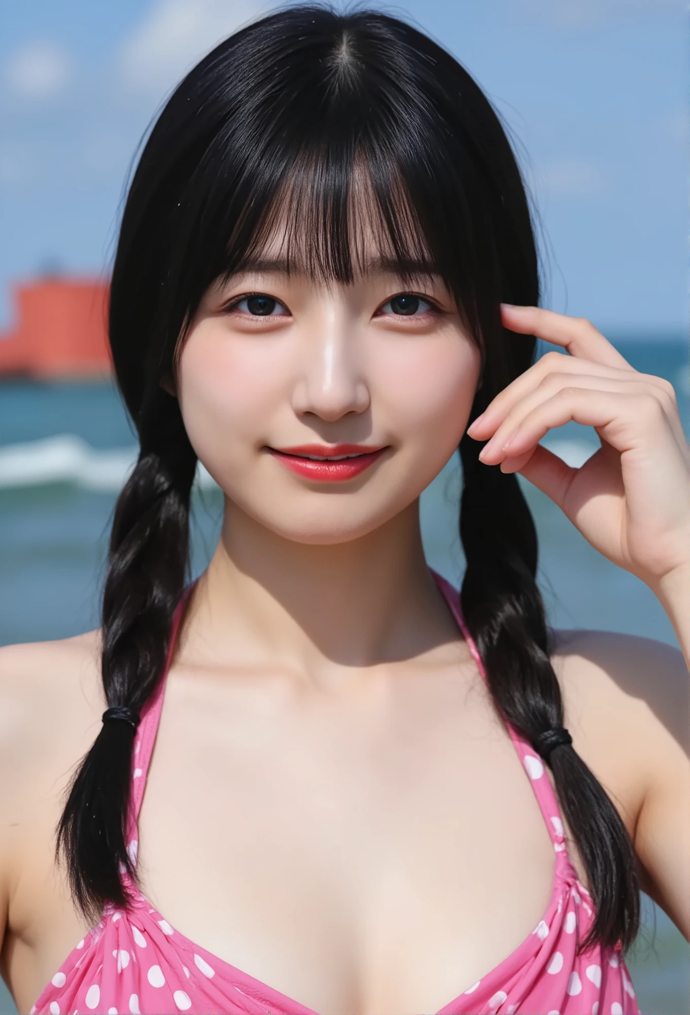 40-year-old Japanese woman、Black Hair、Hair is very short、Twin tails、Hatsune Miku Costume、Headphones、Flat Chest、Realistic photos、Realistic、8K quality、expensive、No bangs、Beach、High resolution, Highest quality, Anatomically correct, Winner of numerous awards, Ultra high definition, 
